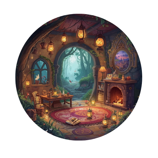 Gemütlicher Raum mit warm leuchtenden Laternen, Kaminfeuer und offenem Tor in einen verwunschenen Wald – Willkommen in der Laternenstube