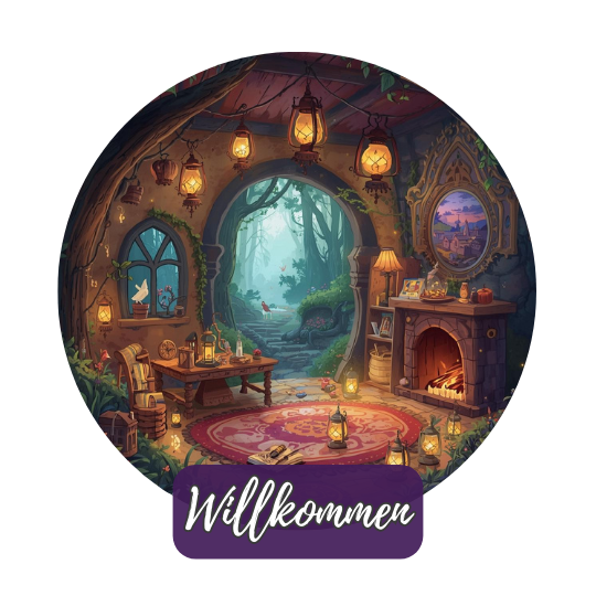 Gemütlicher Raum mit warm leuchtenden Laternen, Kaminfeuer und offenem Tor in einen verwunschenen Wald – Willkommen in der Laternenstube