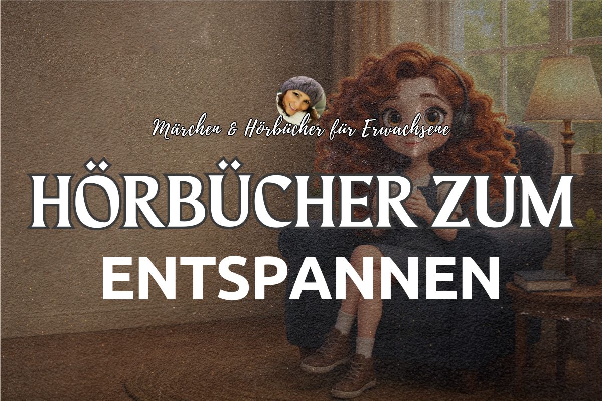 LieLie sitzt mit Kopfhörern und einer warmen Tasse in einem Sessel und hört ein Hörbuch zum Entspannen.