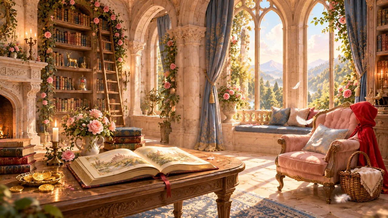 Sonniges Grimm-Märchenzimmer mit Bücherregalen, offenem Buch und rosa Lesesessel im Schloss