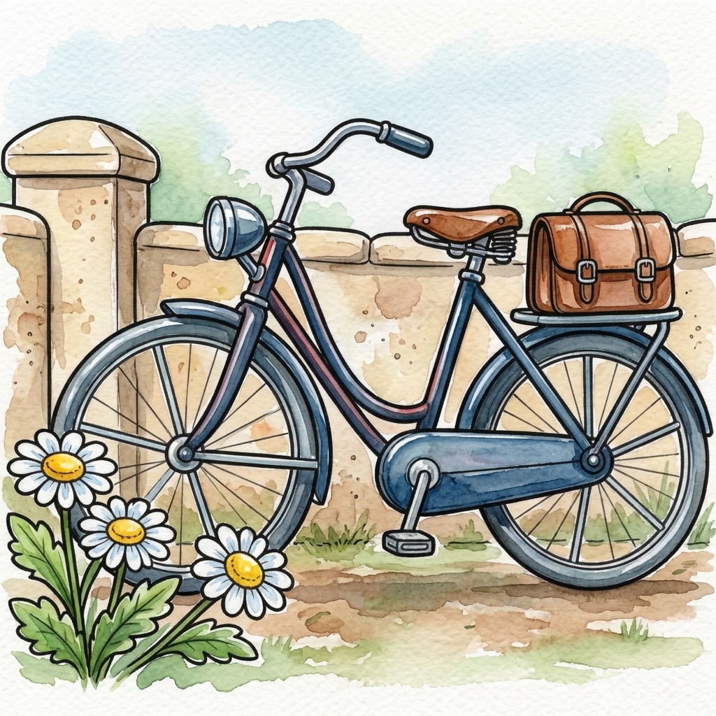 Ausgemaltes Beispiel: nostalgisches Fahrrad mit Ledertasche und Blumen