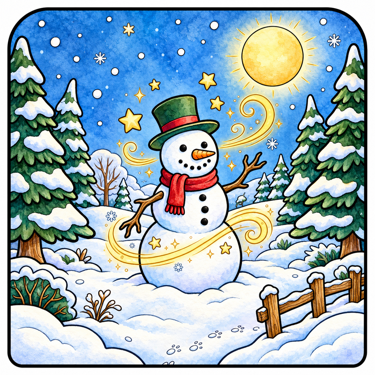 Ausgemaltes Beispiel: Ein Schneemann mit rotem Schal zwischen verschneiten Tannen und goldenen Sternen.