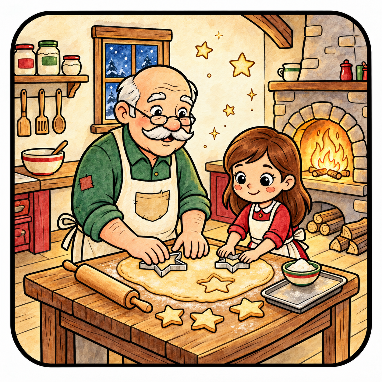 Ausgemaltes Beispiel: Ein Mann und ein Mädchen backen Sternenplätzchen in einer gemütlichen Winterküche.